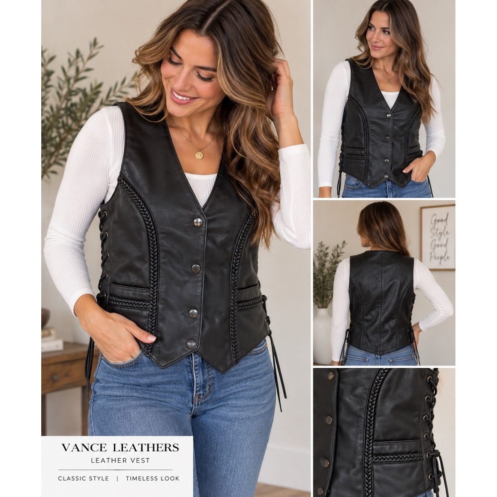 VTG Vance Leathers Black Leather Biker Vest Braided Trim Side Lace Womens Small